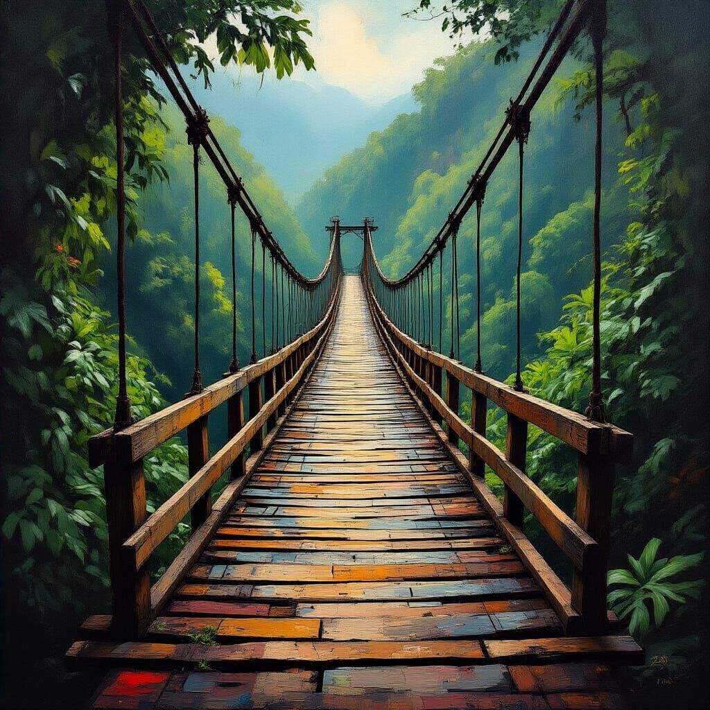 Peruvian Jungle Bridge in Neo-Impressionist Style