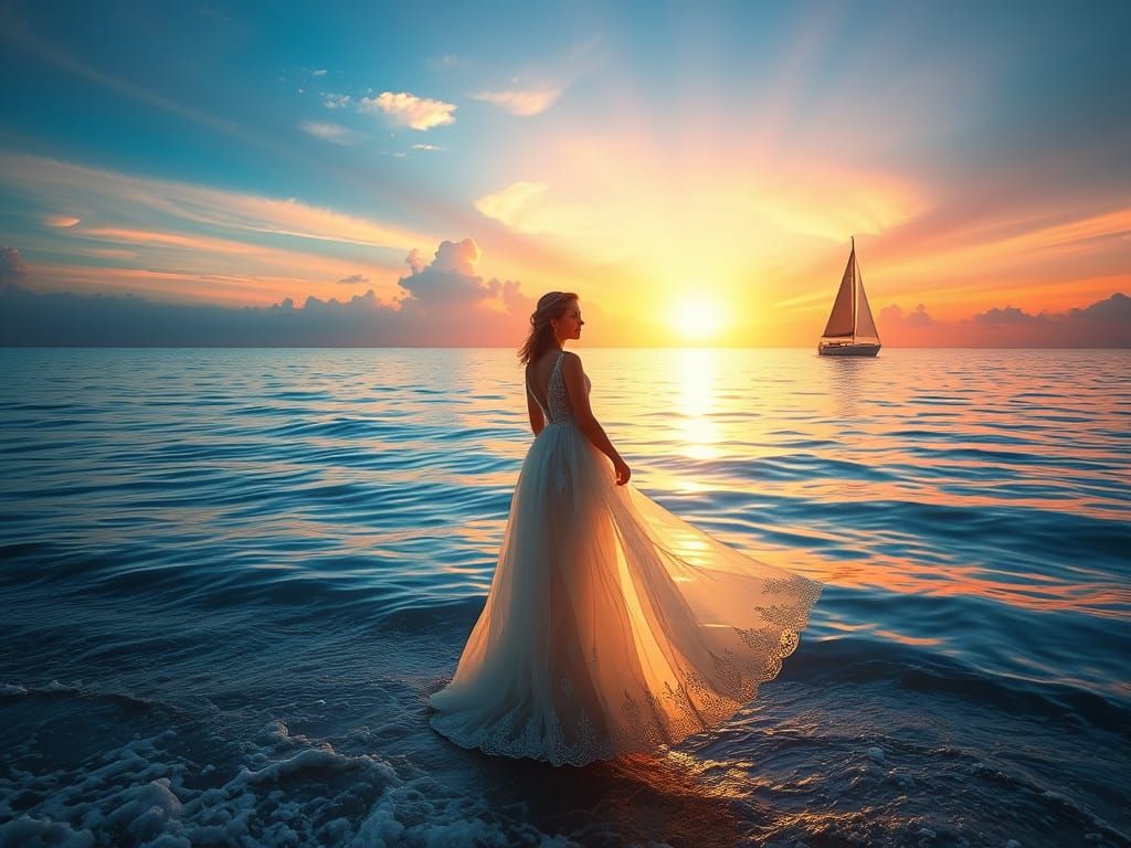 Ethereal Woman at Sunset in Digital Art Style