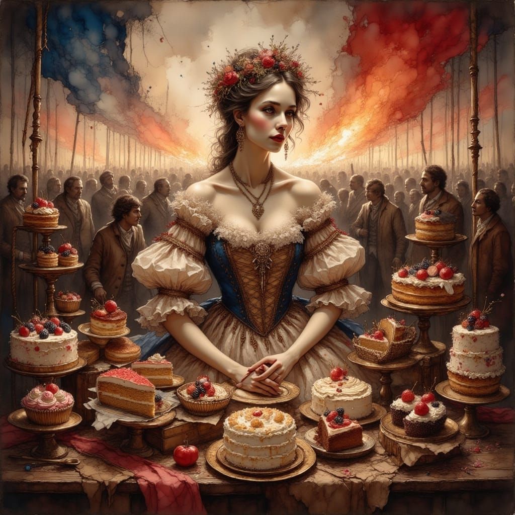 Marie Antoinette with Cakes and Burning Flag, Ink Art