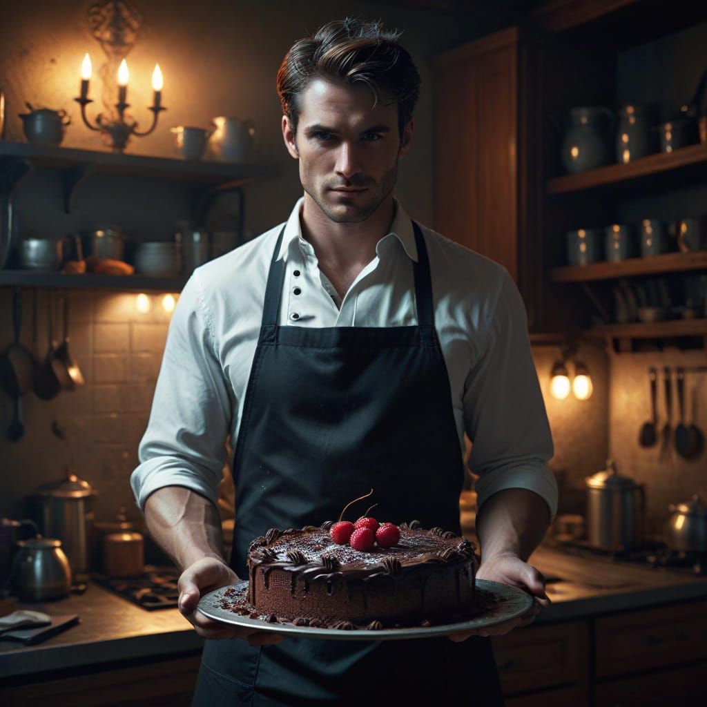 Handsome Baker Holding Chocolate Cake, Hyperrealistic