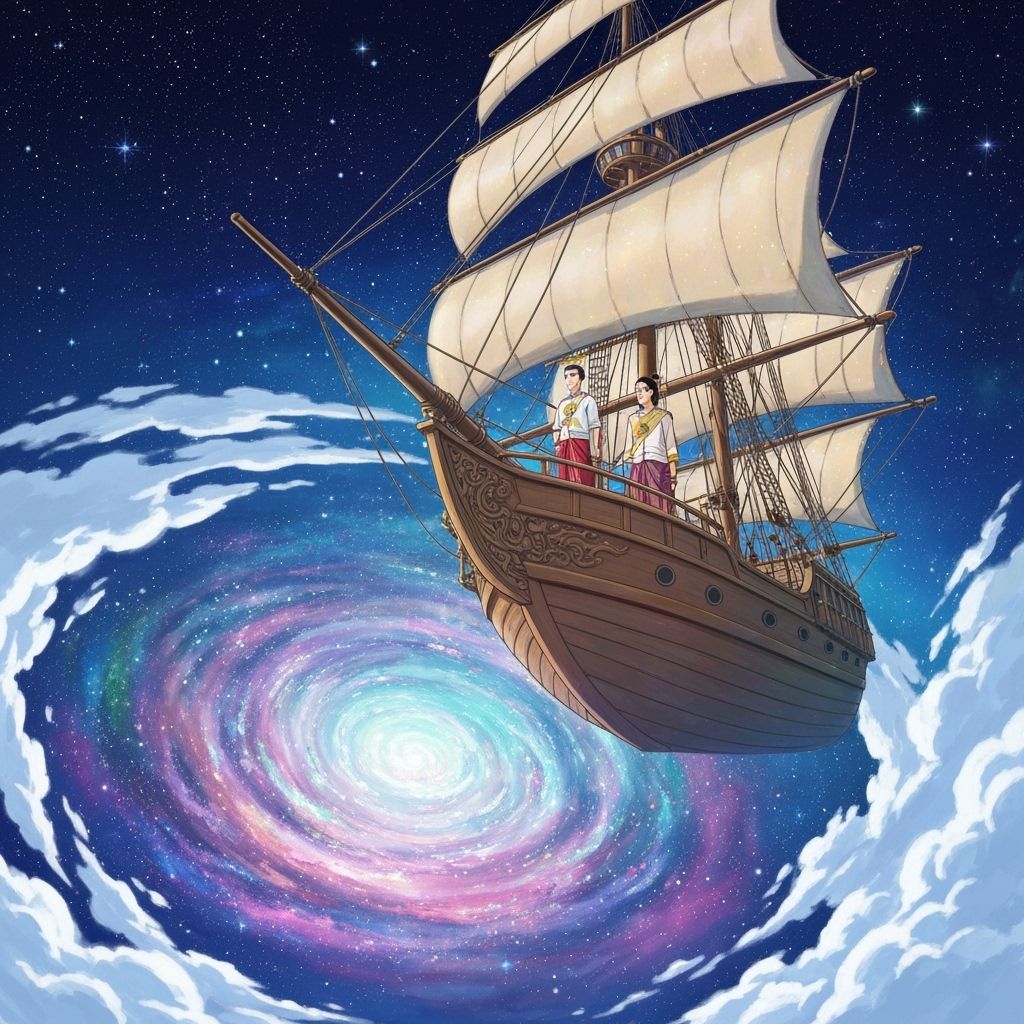 Thai Couple on Majestic Galleon Amidst Nebula