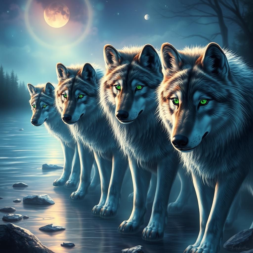 Majestic Wolves with Ethereal Glow, in Digital Art Style