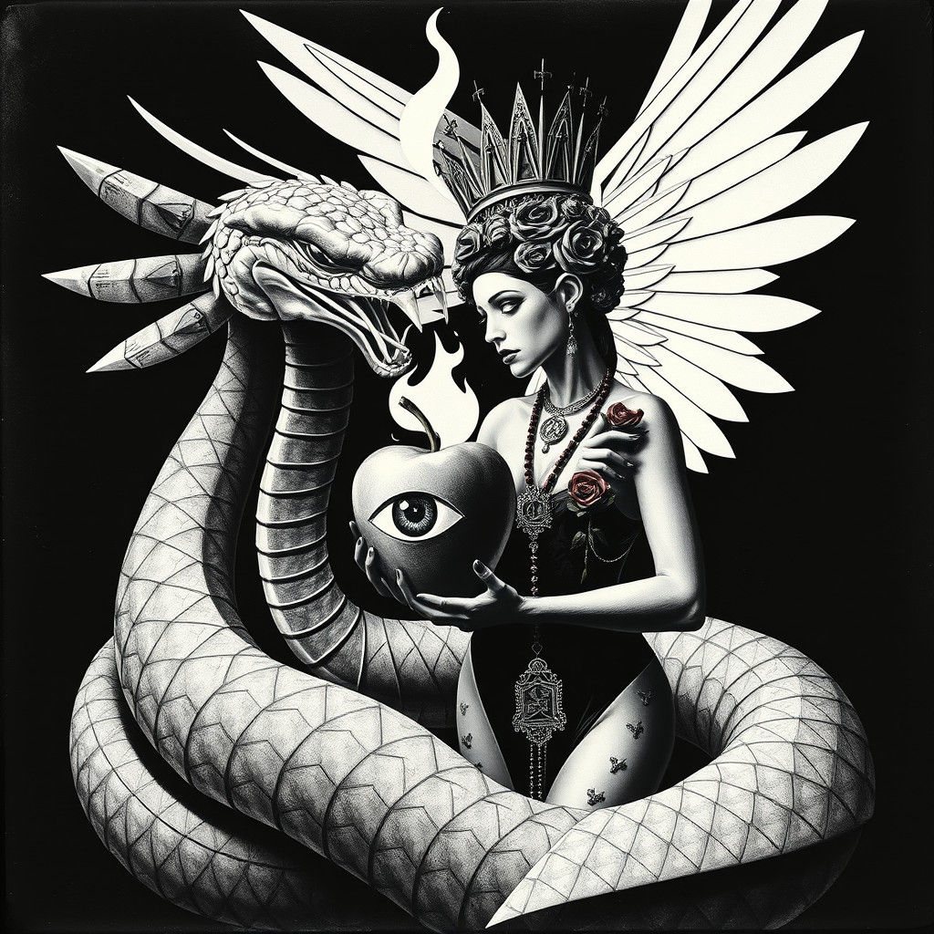 Quetzalcoatl Offers Fruit to Eve in Dadaist Photogram