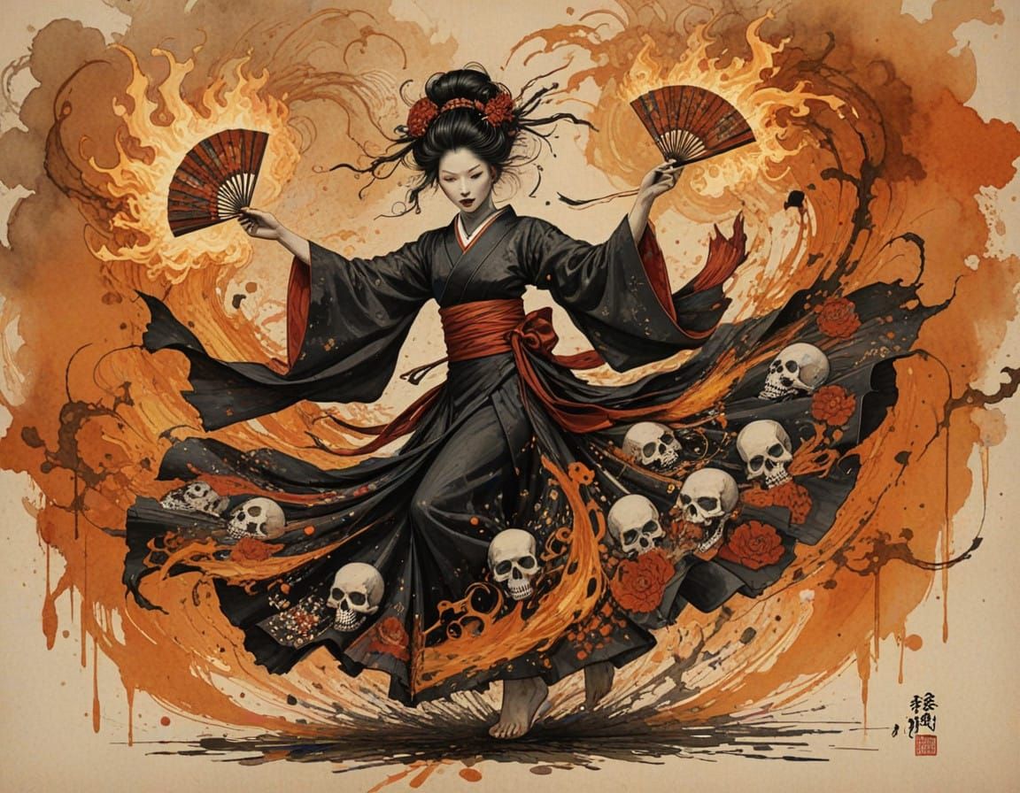 Majestic Geisha Performs Mesmerizing Fire Dance