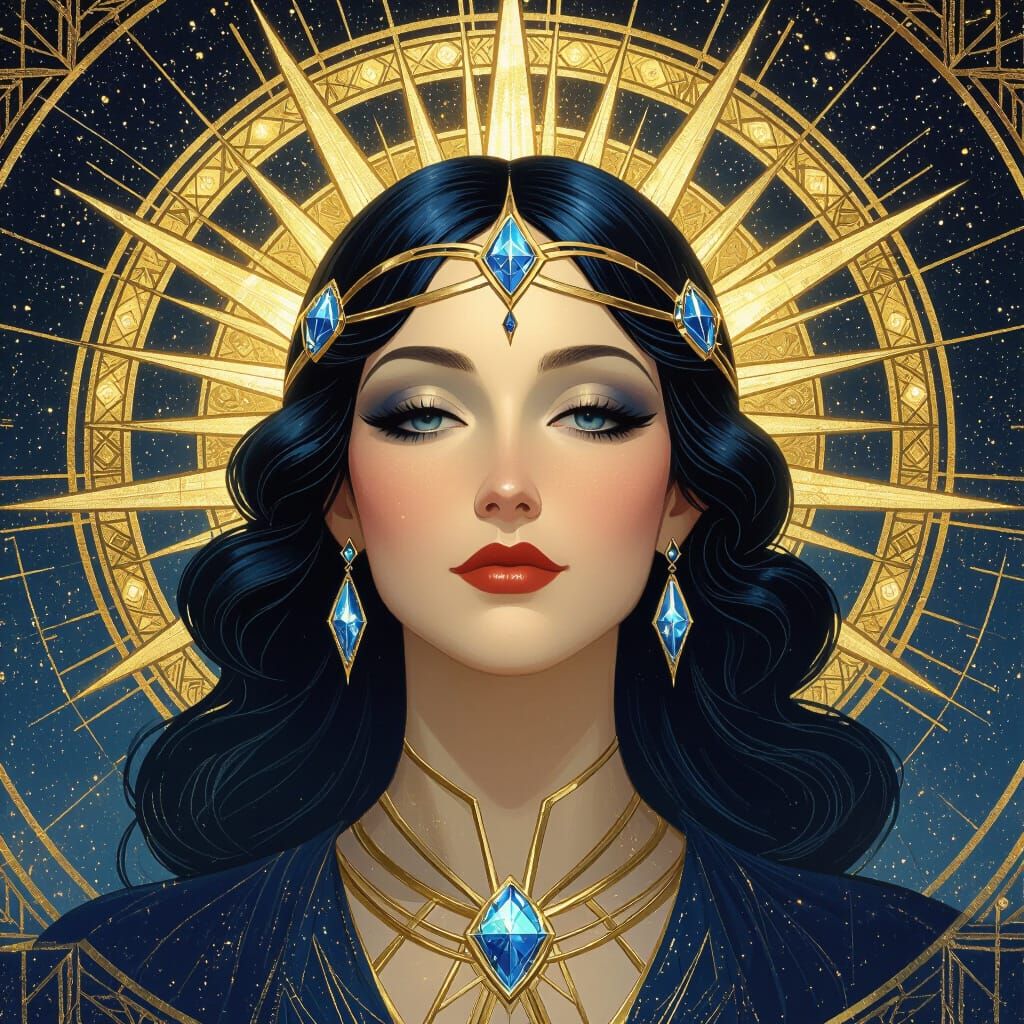 Cosmic Goddess Portrait in Art Deco Style