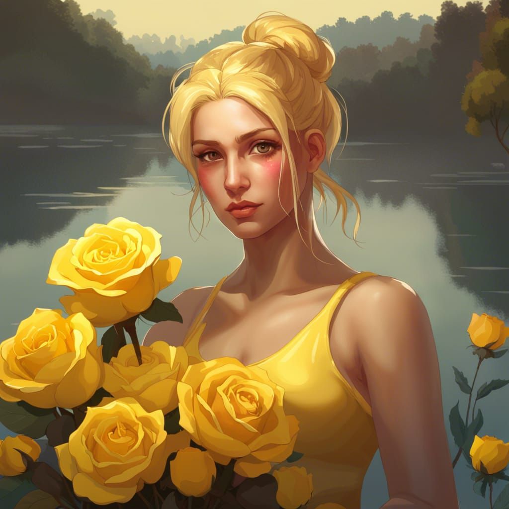 a girl with blonde hair yellow eyes wearing a simple yellow dress her hair is in a bun she is holding a bouquet of yello...