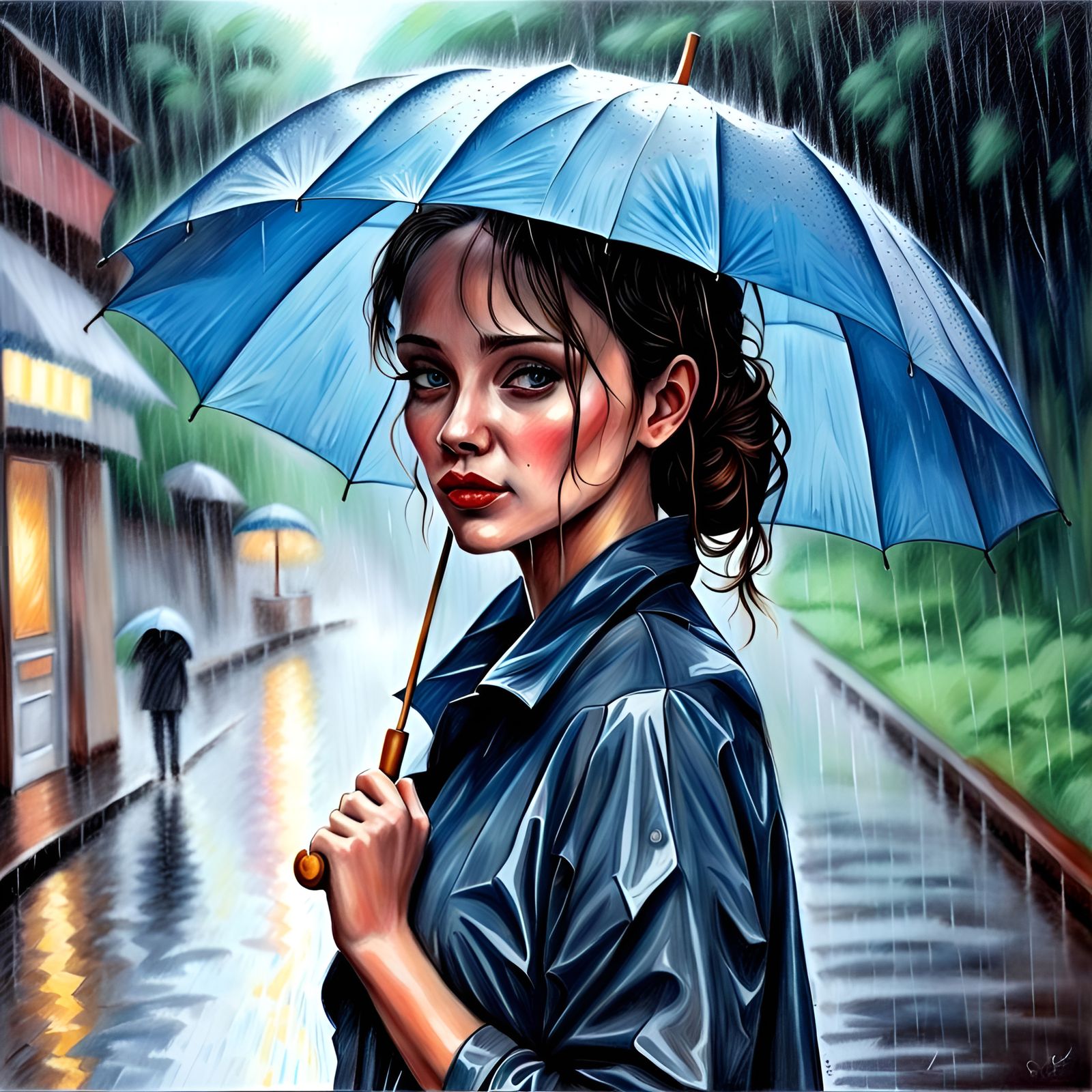 Woman in Rainy Scene as Crayon Drawing