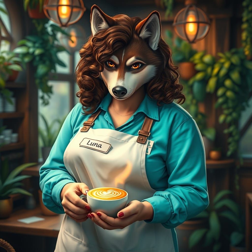 Mystical Coffee Shop Scene with Husky Barista in Whimsical,...