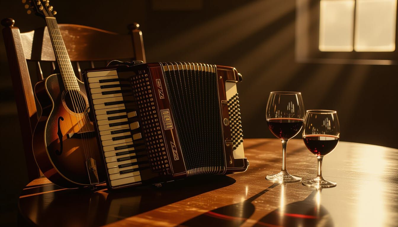 1940s Noir Accordion Scene in Golden Hour Light