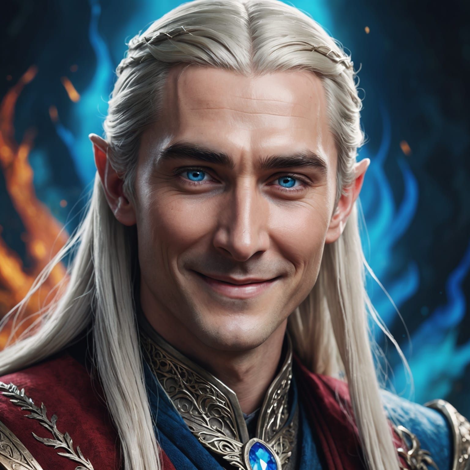 Hyperrealistic Portrait of Smiling Thranduil with Blue Eyes