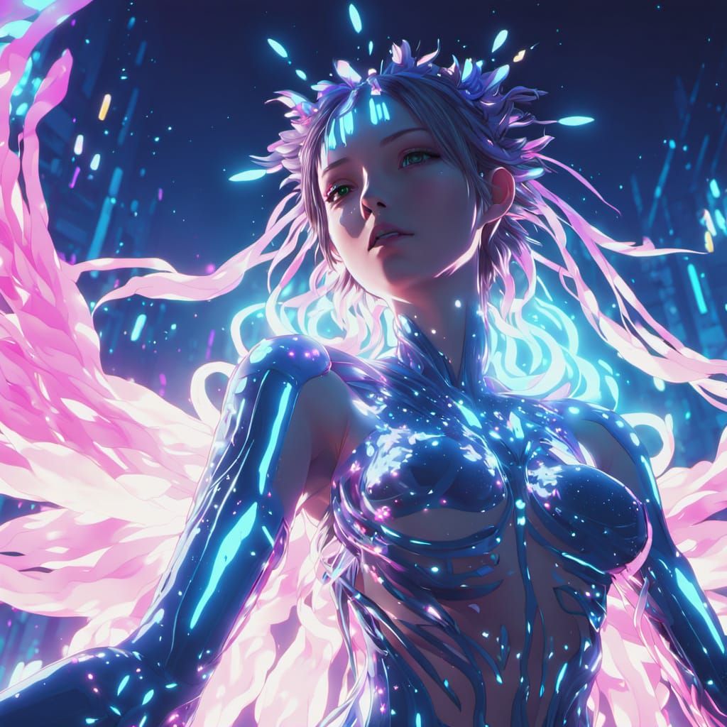 Cyberpunk Goddess in Glitchcore Style