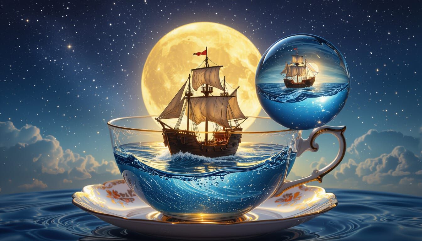 Ancient Ship Sailing in Translucent Teacup with Golden Glow