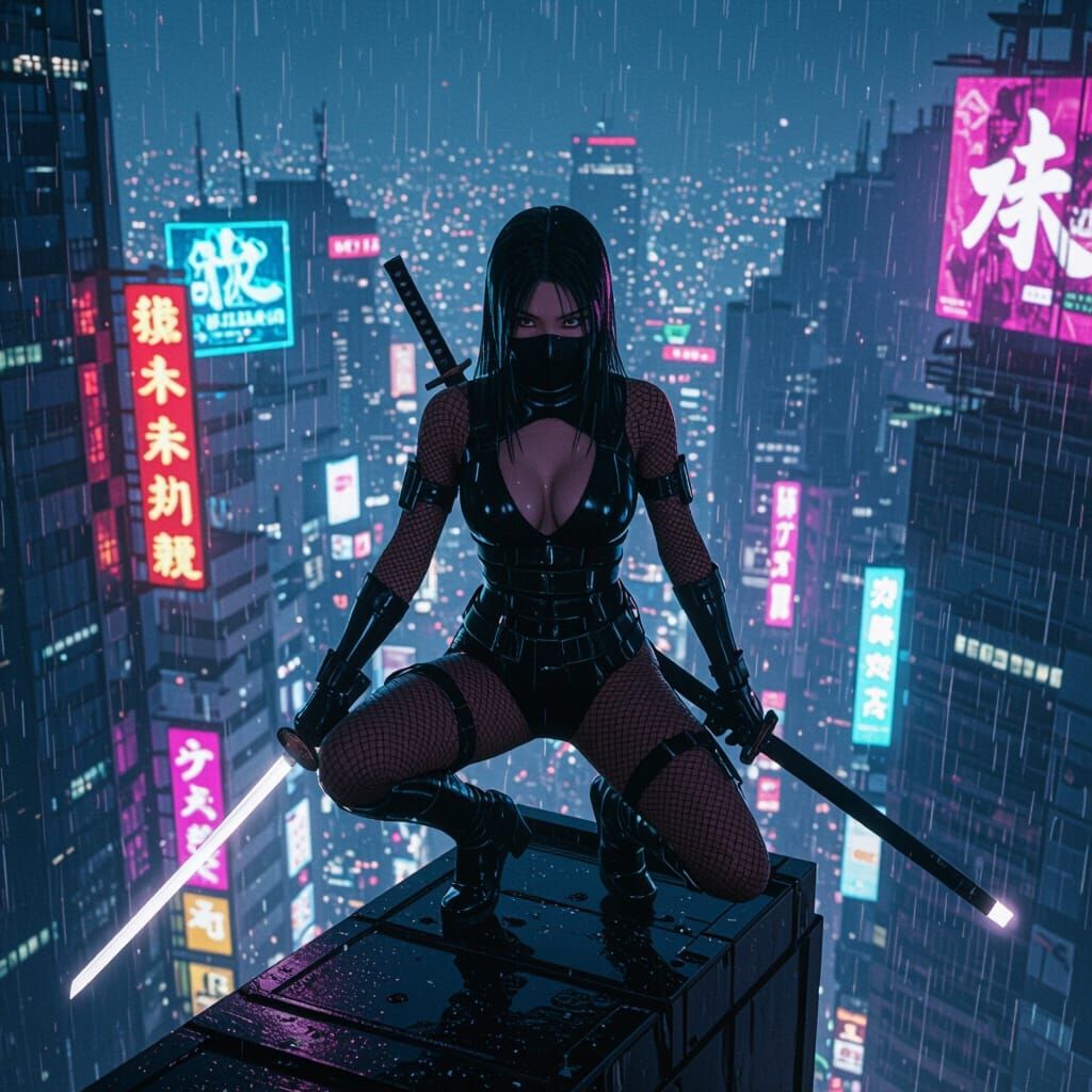 A lone, mysterious female ninja, clad in a sleek, black fish...