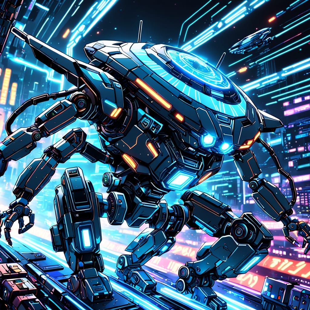 UFO Robot Speeds Through Neon Sci-Fi Mechanical Parts