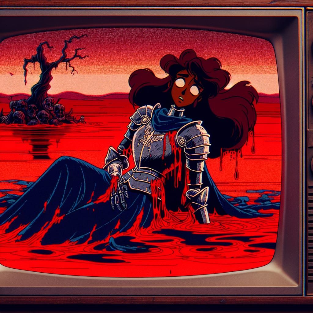 Faded Cartoon Scene on Old TV: Enchanted Knight in Crimson S...