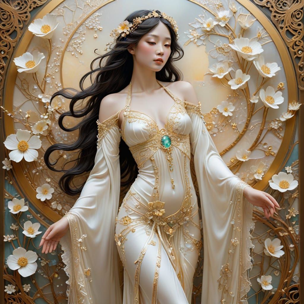 Shimmering Asian Maiden with Embroidered Flowers in Art Nouv...