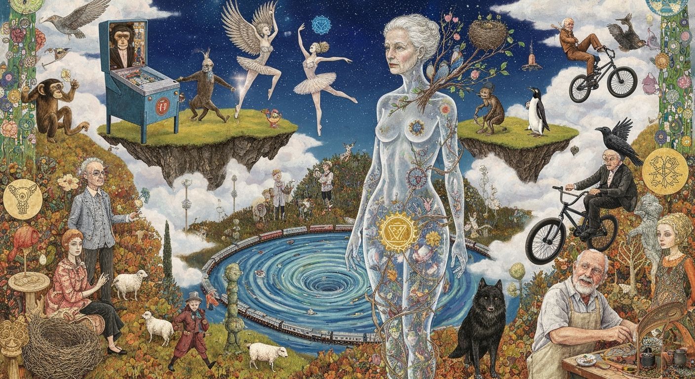 Surreal Tea Party on Floating Island with Sacred Geometry