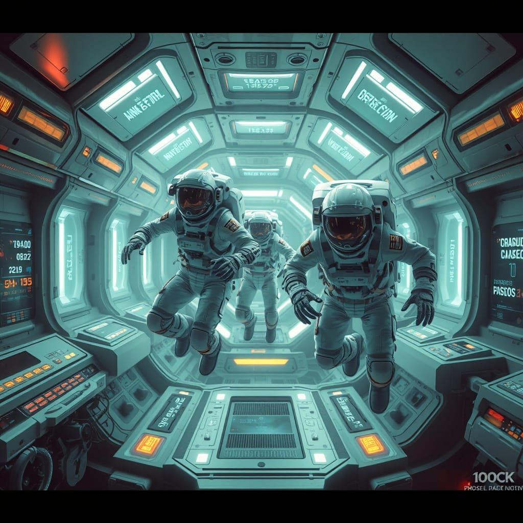 Astronauts in Futuristic Ship Interior, Sci-Fi Art