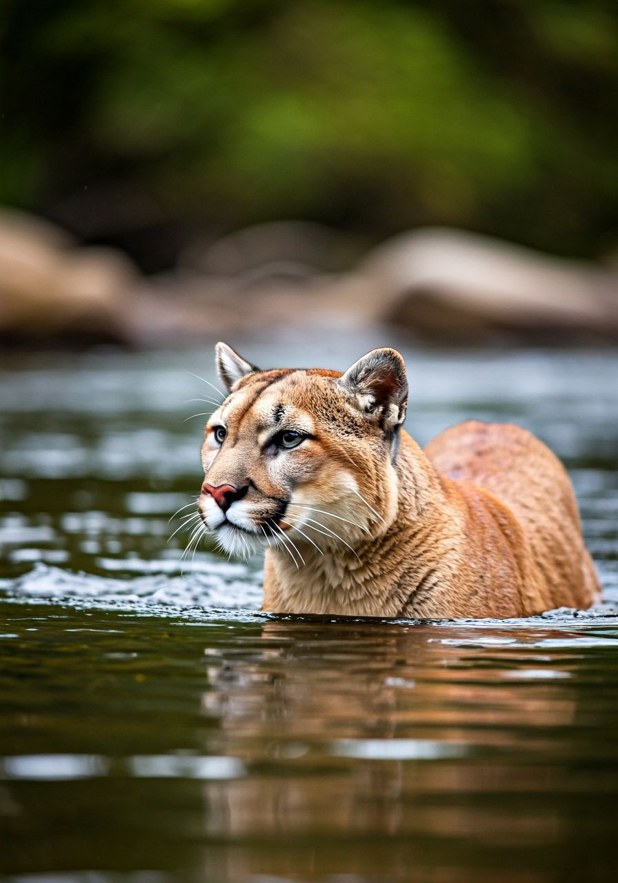 Photorealistic Cougar in River Wildlife Photography