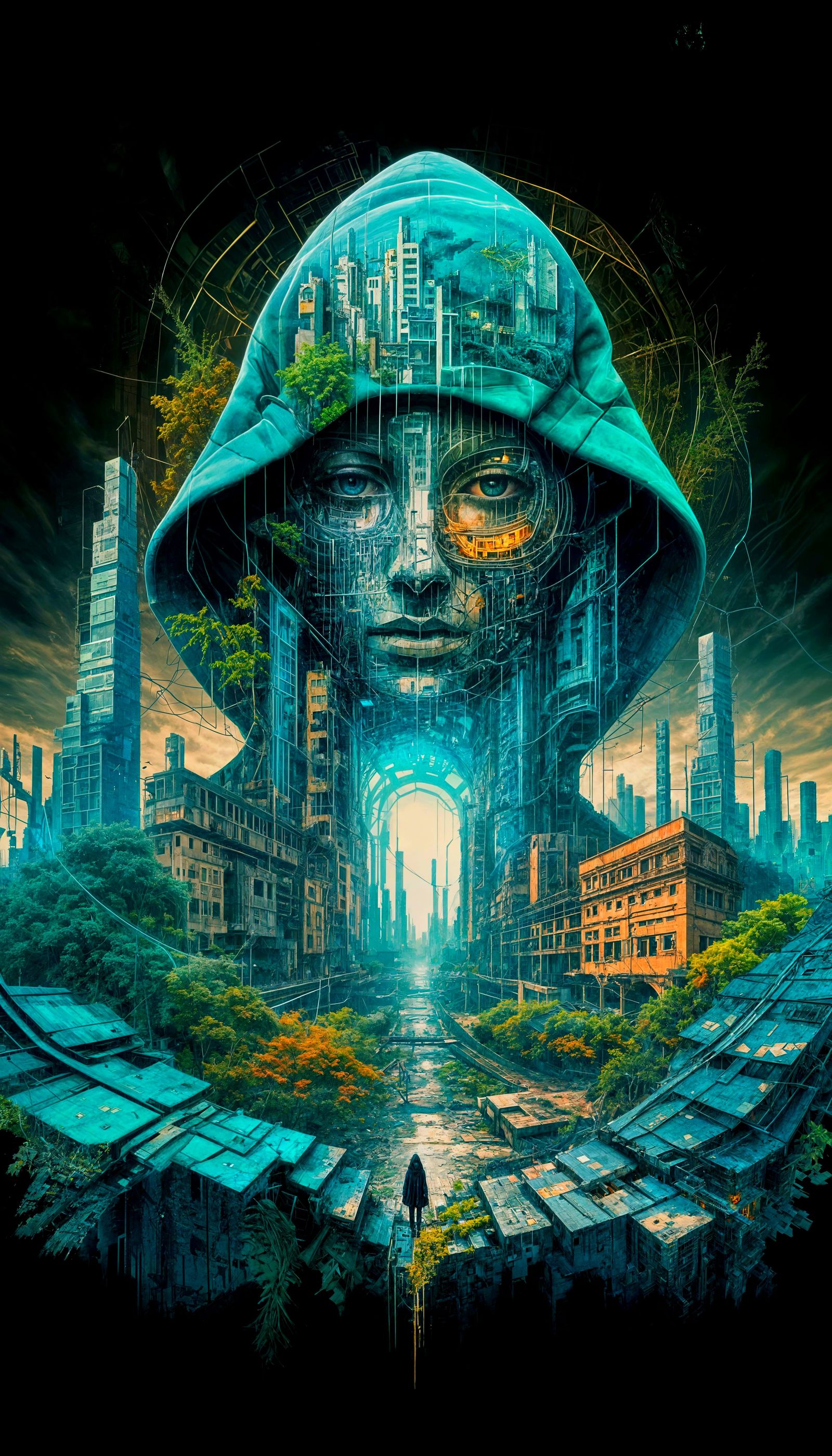 Hooded Figure in Cyberpunk Architectural Mindscape