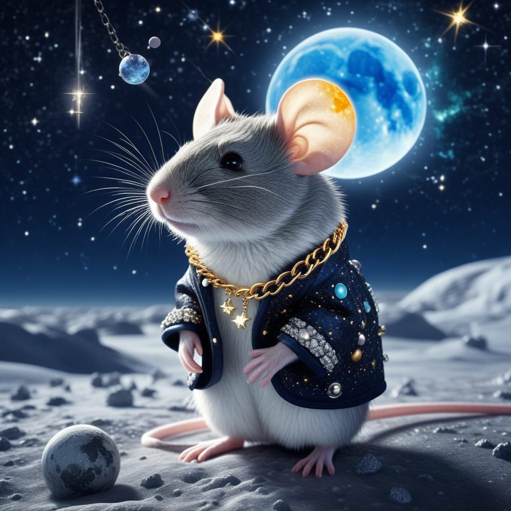 Hyperrealistic Mouse Adorns Moon Surface with Glowing Jewelr...