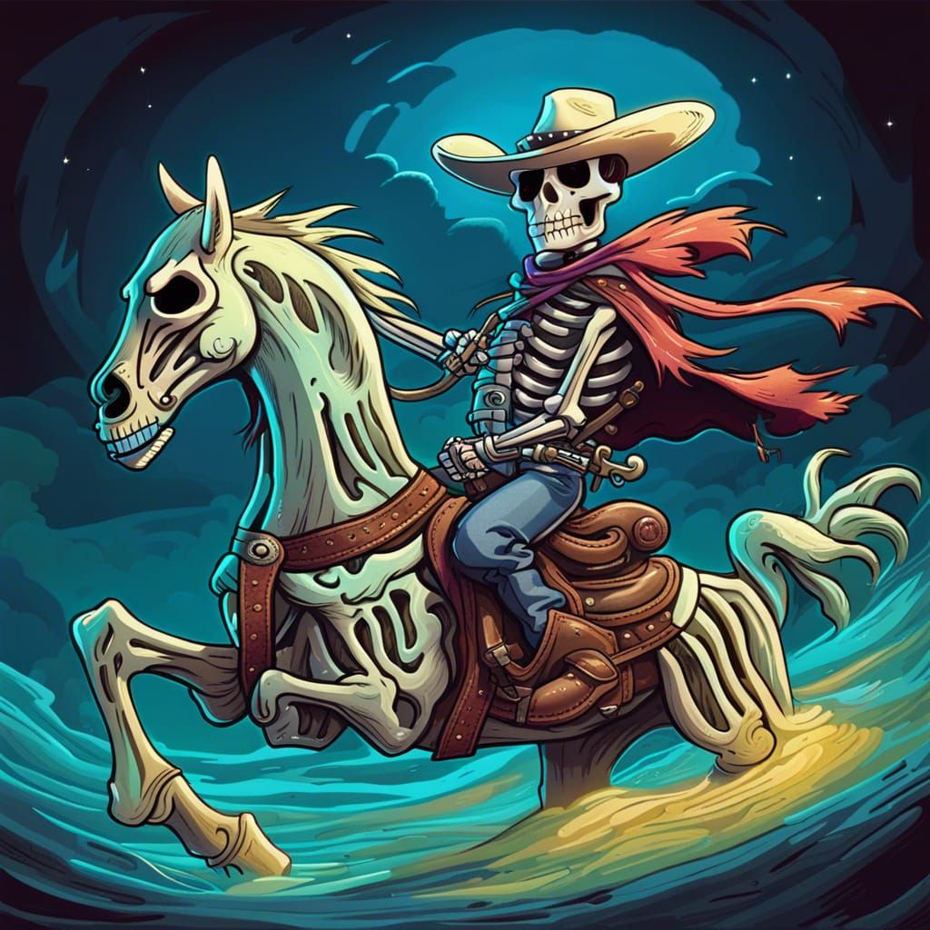 Cartoon Skeleton Cowboy Rides into the Night
