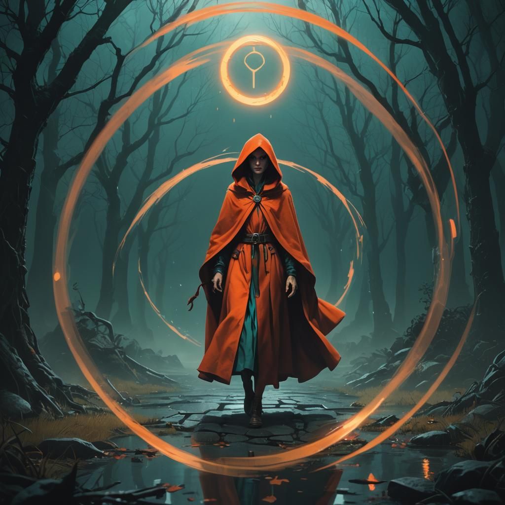 Sinister Figure in Orange Robe, Ethereal Art Deco Style