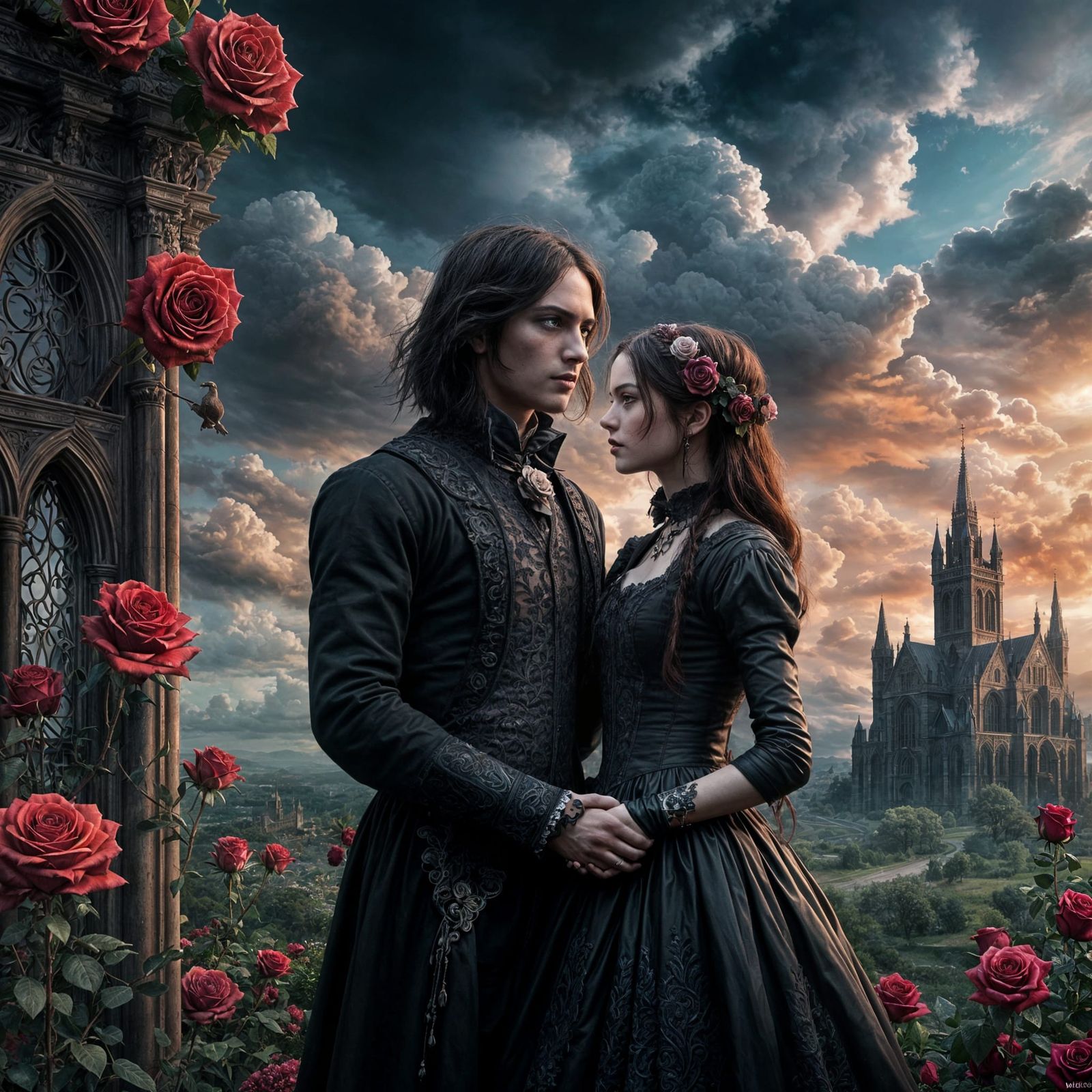 Epic Gothic Romance with Roses and Majestic Skies