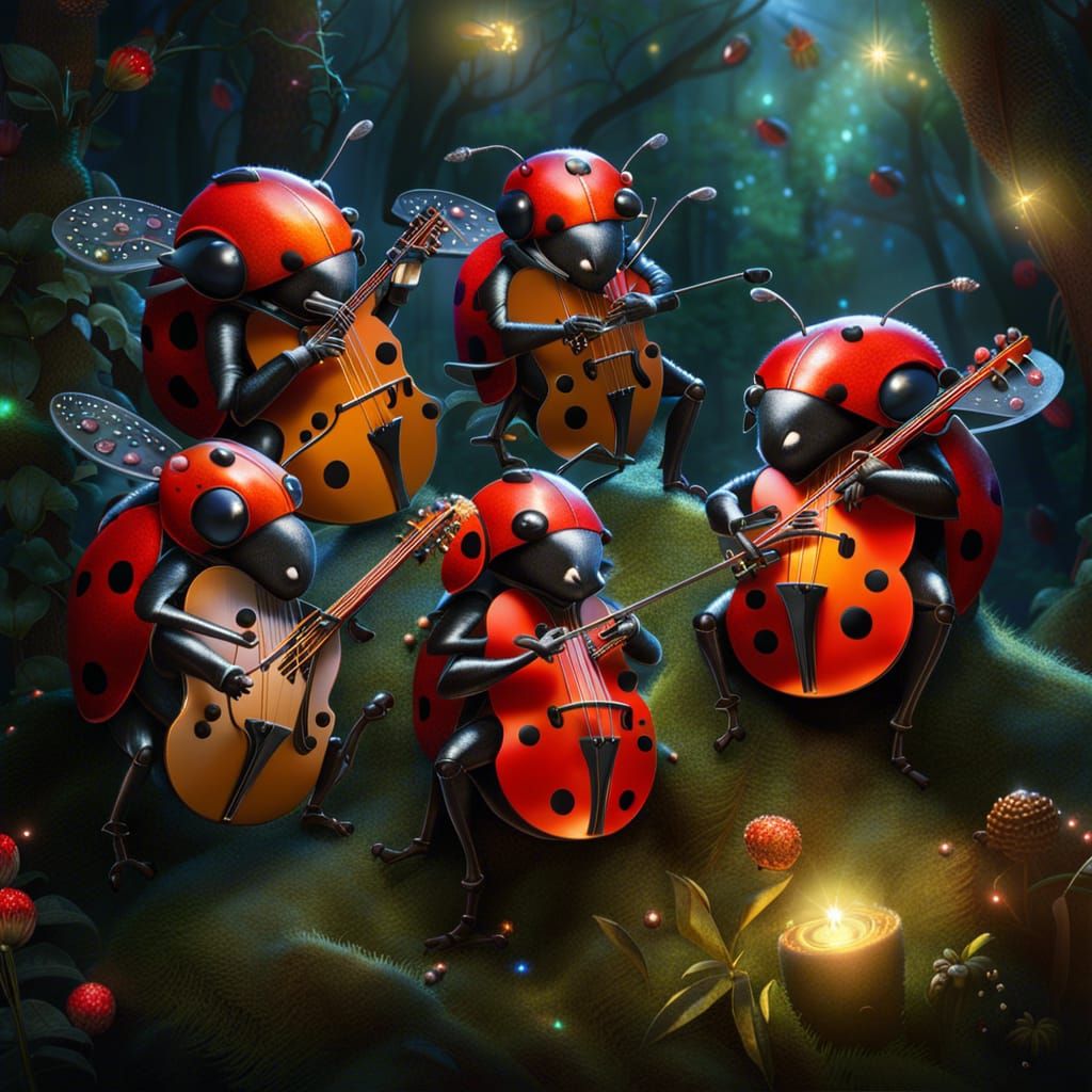 Ladybug Musicians' Woodland Symphony: Iridescent Fantasy Art