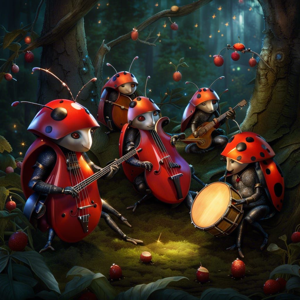 Ladybug Symphony in Sparkling Woodland, Fantasy Art