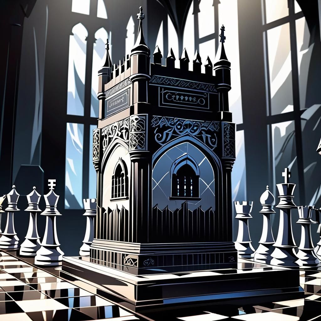 Cartoon Chess Battle: White Knight Attacks Black Tower