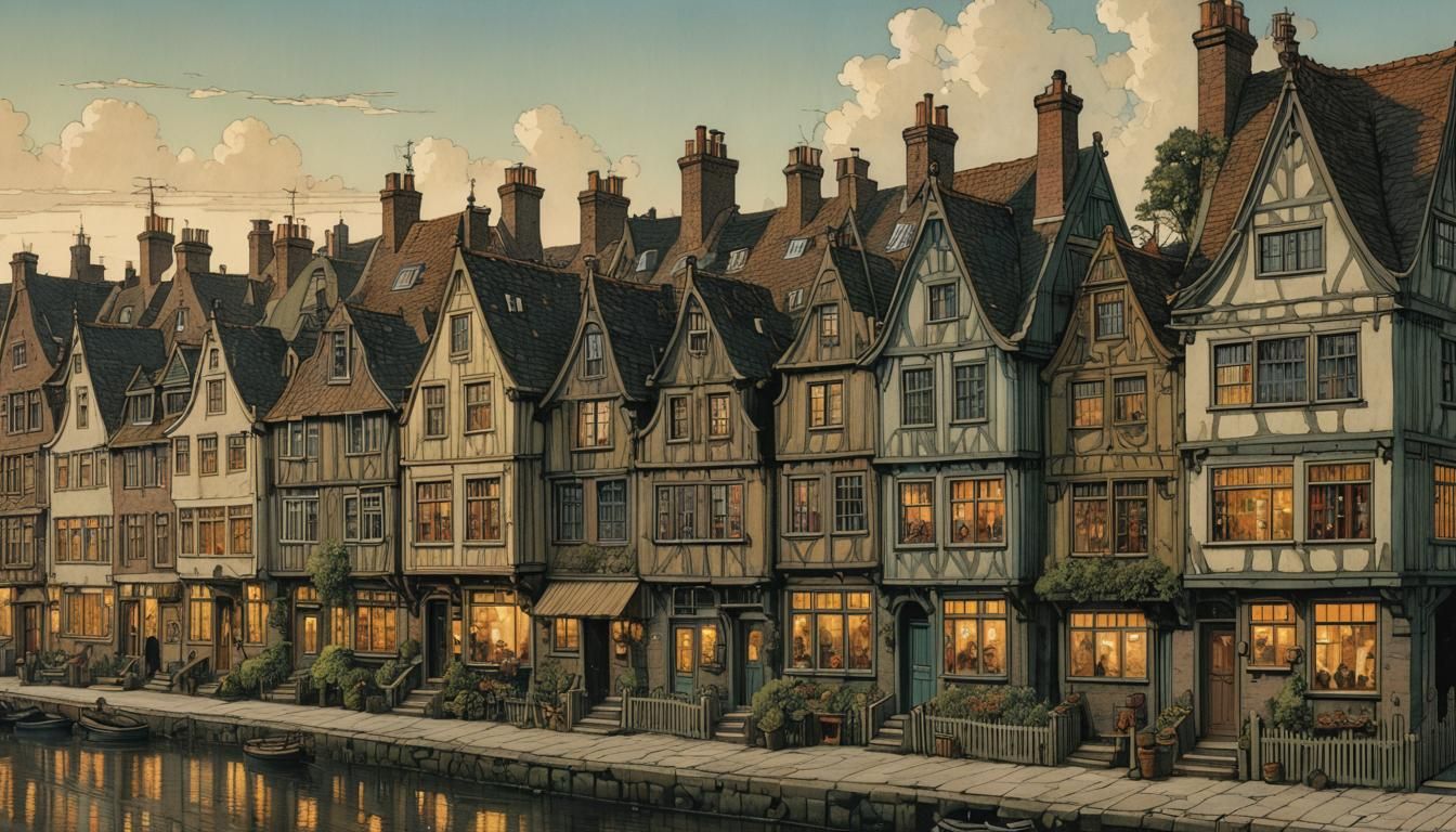 Cozy Dutch Houses in Evening Light, Detailed Illustration