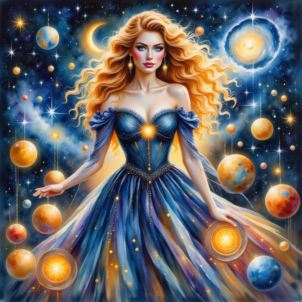 Celestial Sorceress in Gouache Style Watercolor