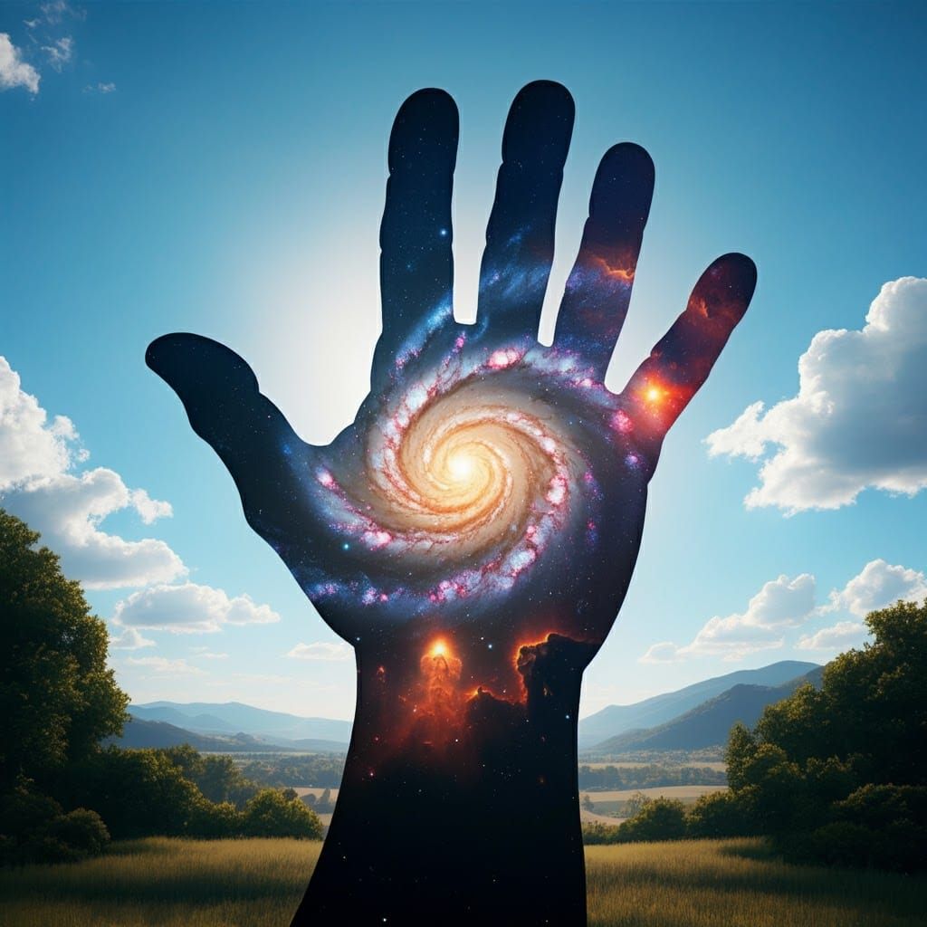 Cosmic Hand Reaching for the Stars in Dreamlike Futurism