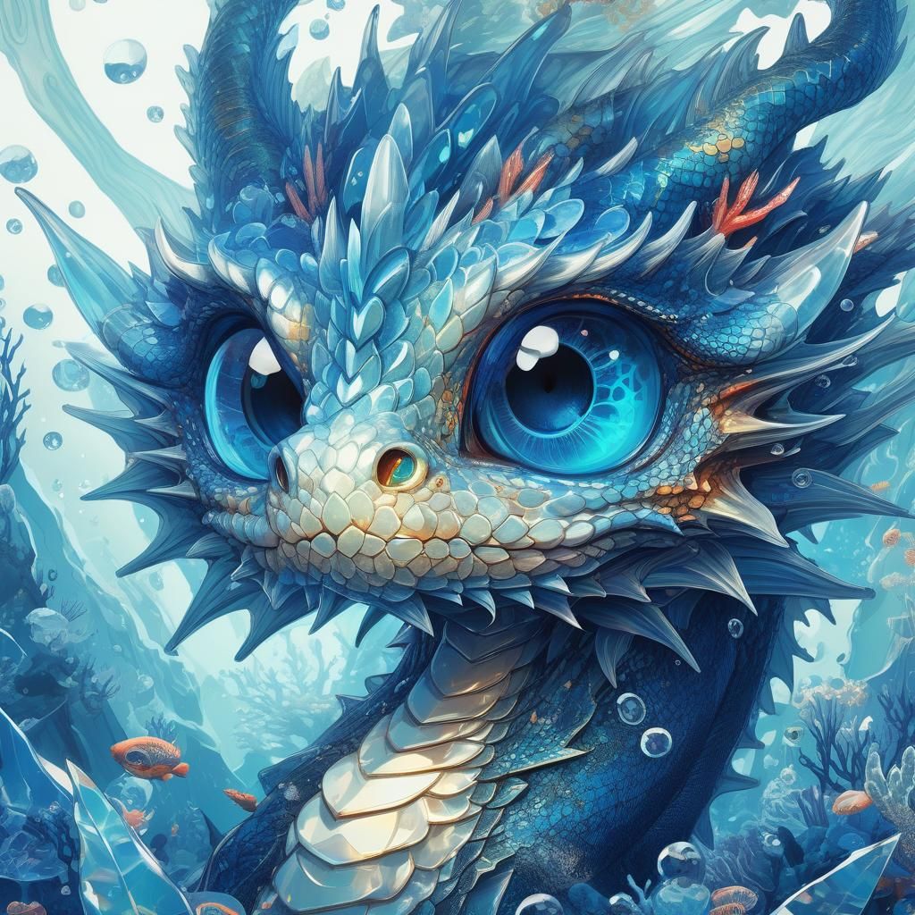 Crystal Blue Dragon Underwater Fantasy Illustration