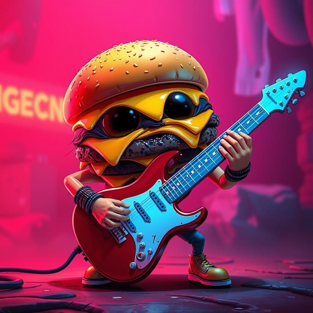 Rockstar Cheeseburger Plays Electric Guitar in Neon Dreamsca...
