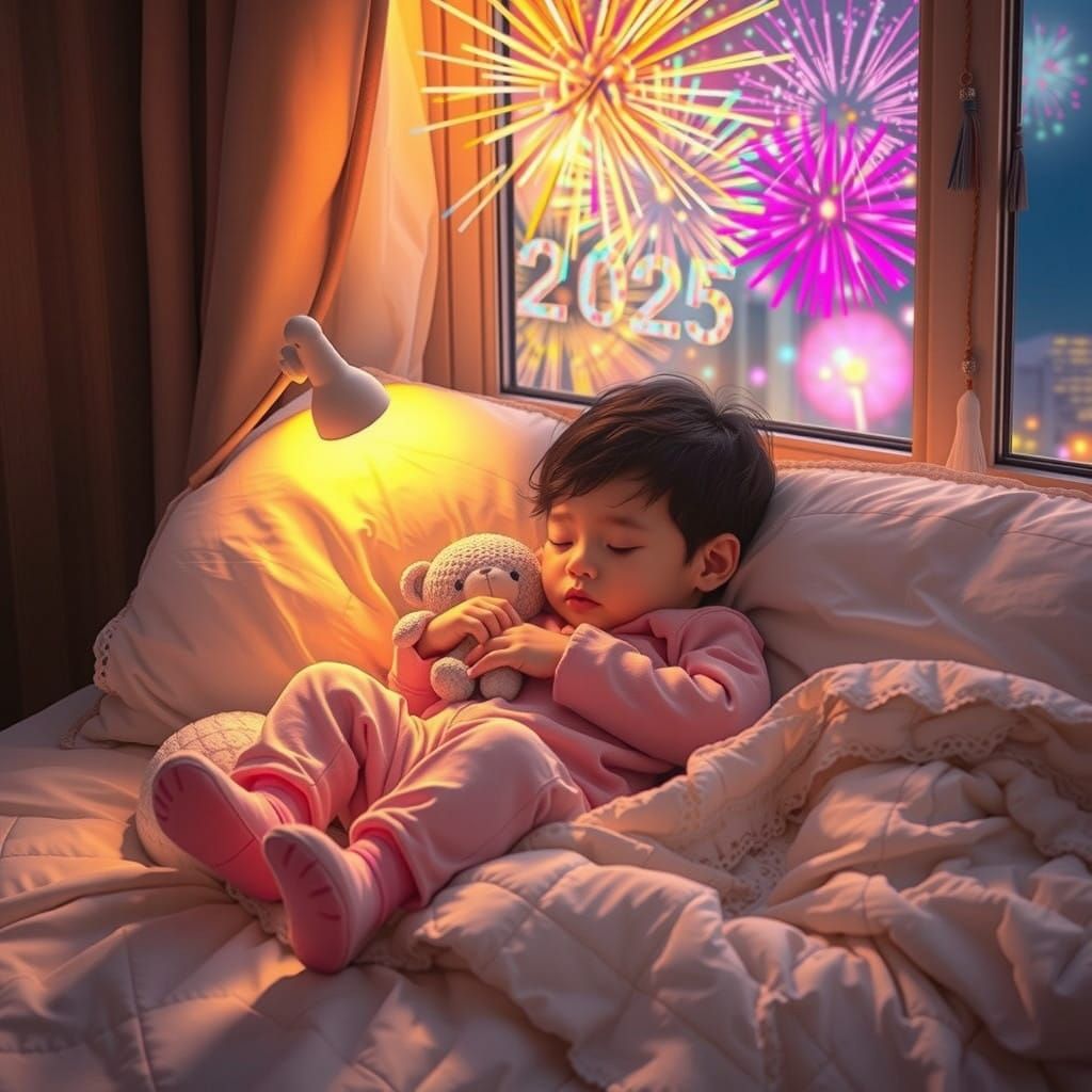 Cozy Child Slumbers Amidst Vibrant Fireworks