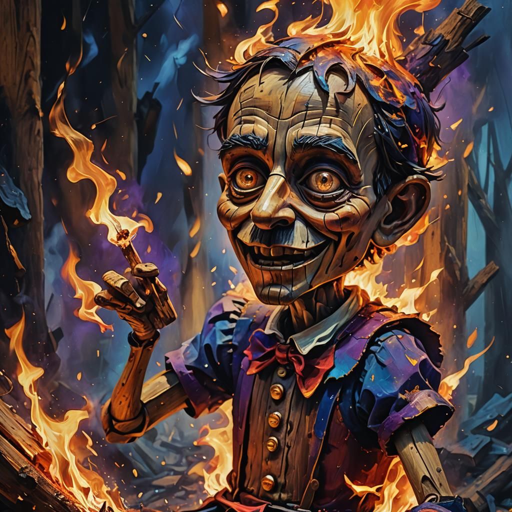 Pinocchio Burning: A Fantasy Oil Painting in 8K