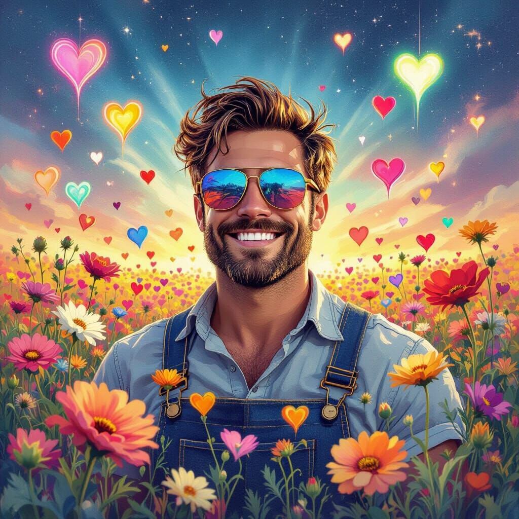 Confident Farmer in Flower Field with Hearts