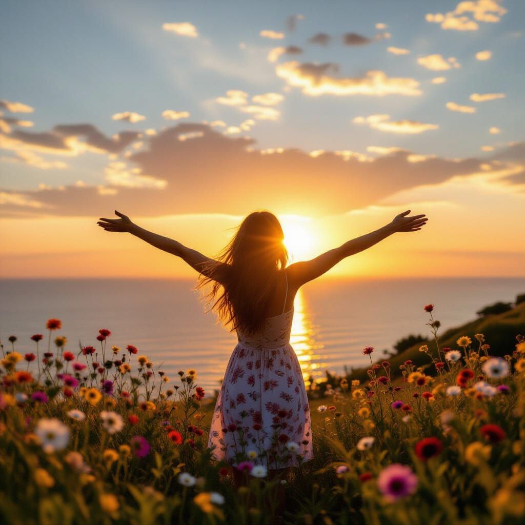 Romantic Girl Welcomes Sunrise Amidst Flower Sea