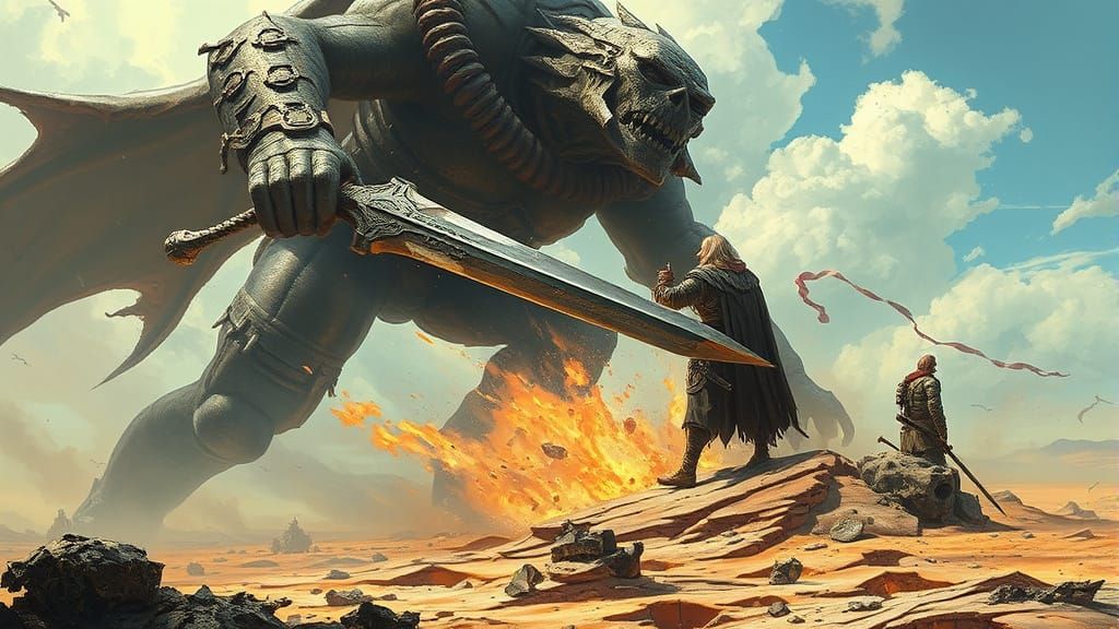 Giant Wields Massive Sword in a Barren, Wind-Scorched Land