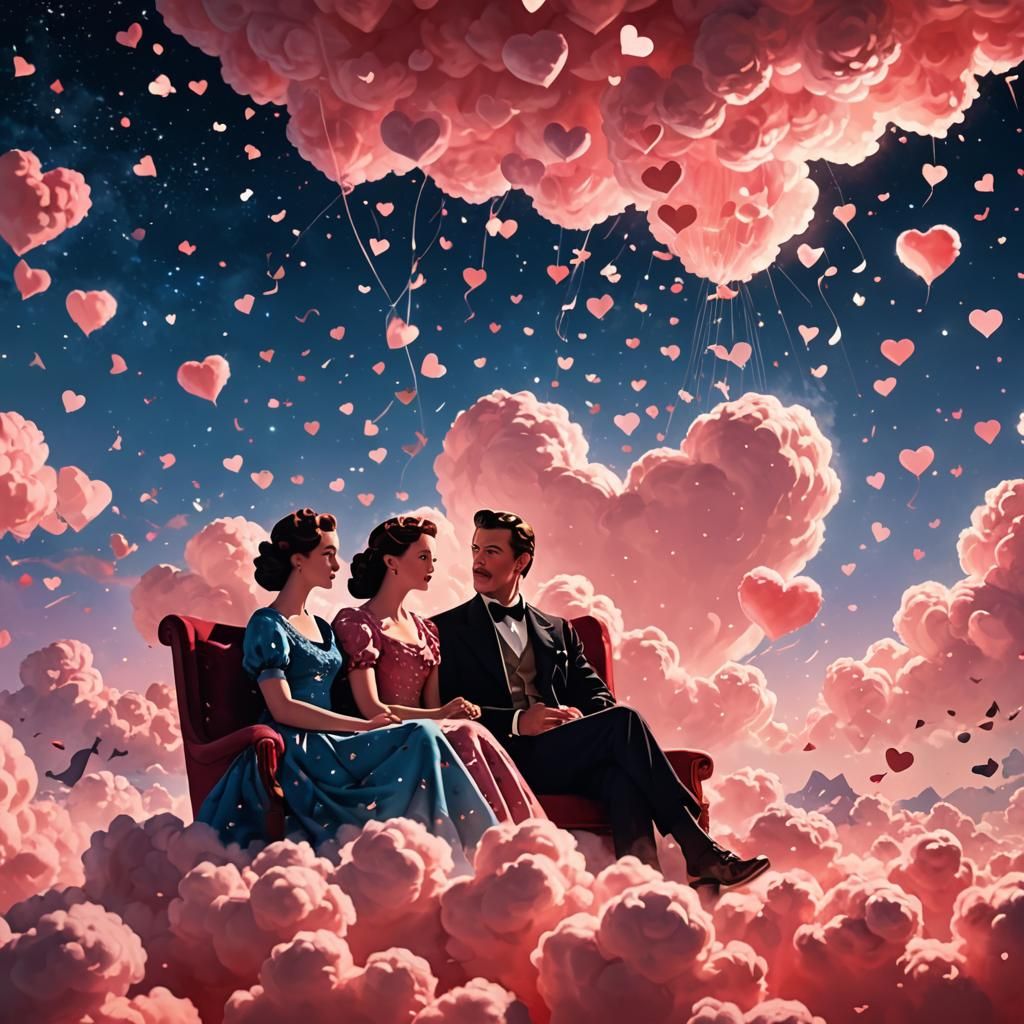 Silhouetted Lovers on Cloud in Dreamlike Digital Art