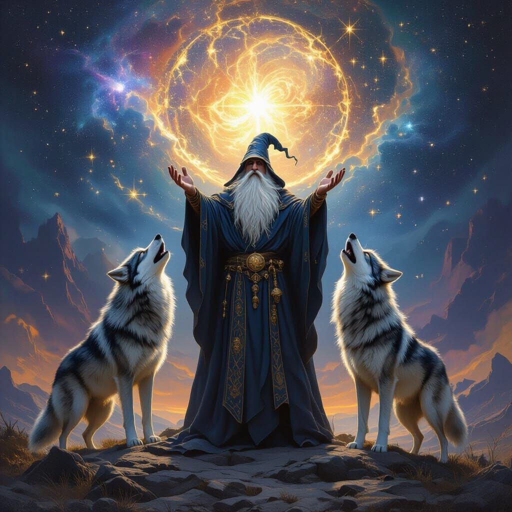 Wizard and Wolves Howling at the Cosmos