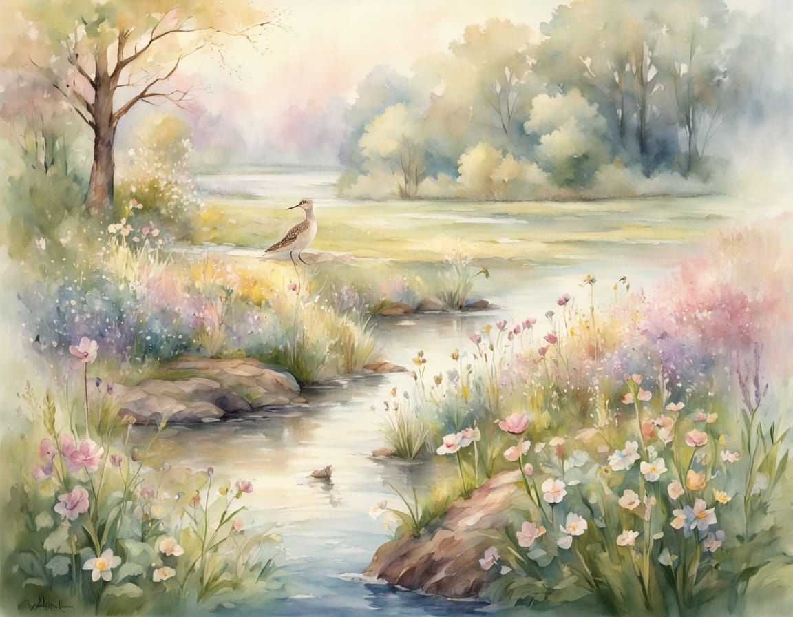 Whimsical Watercolor of Upland Sandpiper in Springtime Meado...