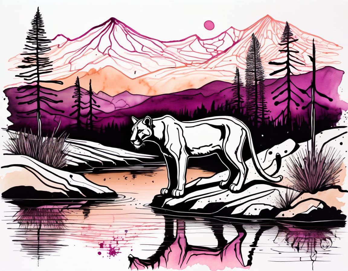 Whimsical Mountain Lion Doodle in Surrealist Style