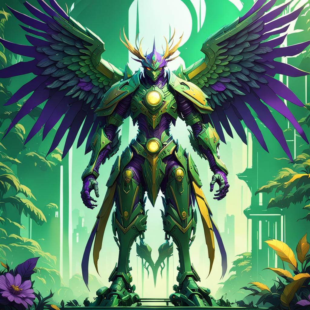Green Phoenix Mech: Dark Fantasy Concept Art