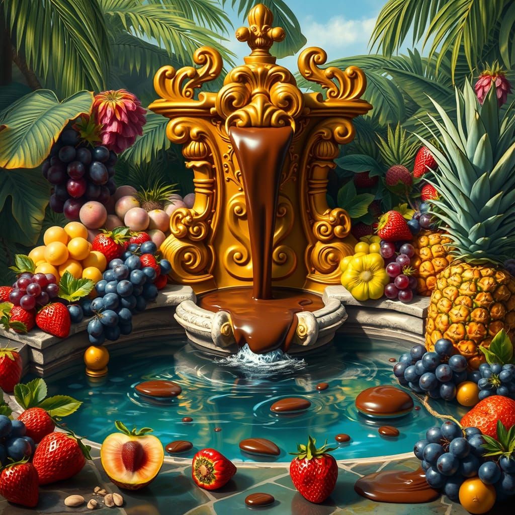 Vibrant Chocolate Fountain in a Tropical Paradise
