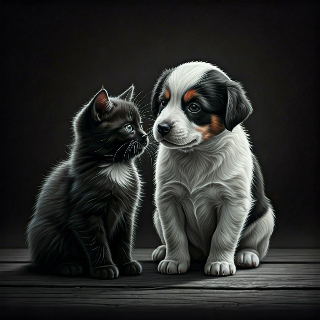 Whimsical Monochromatic Chalk Art Depicting Feline Canine Lo...