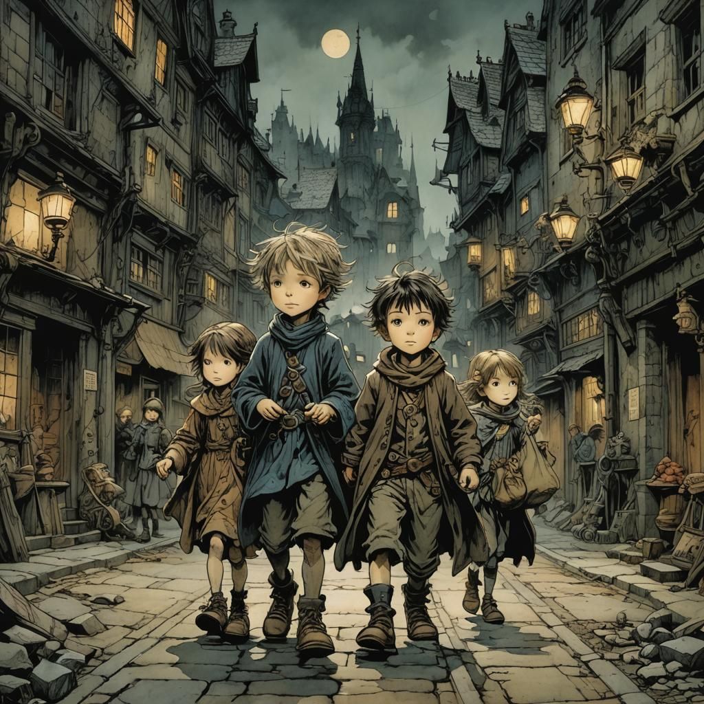 Children Leave Dark City in Fairy-Tale Illustration