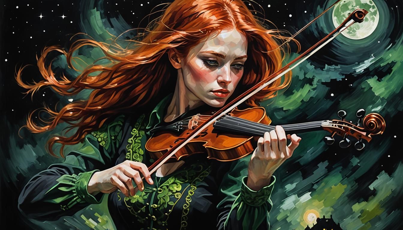 Irish Woman Plays Fiddle in Moonlight: Abstract Art